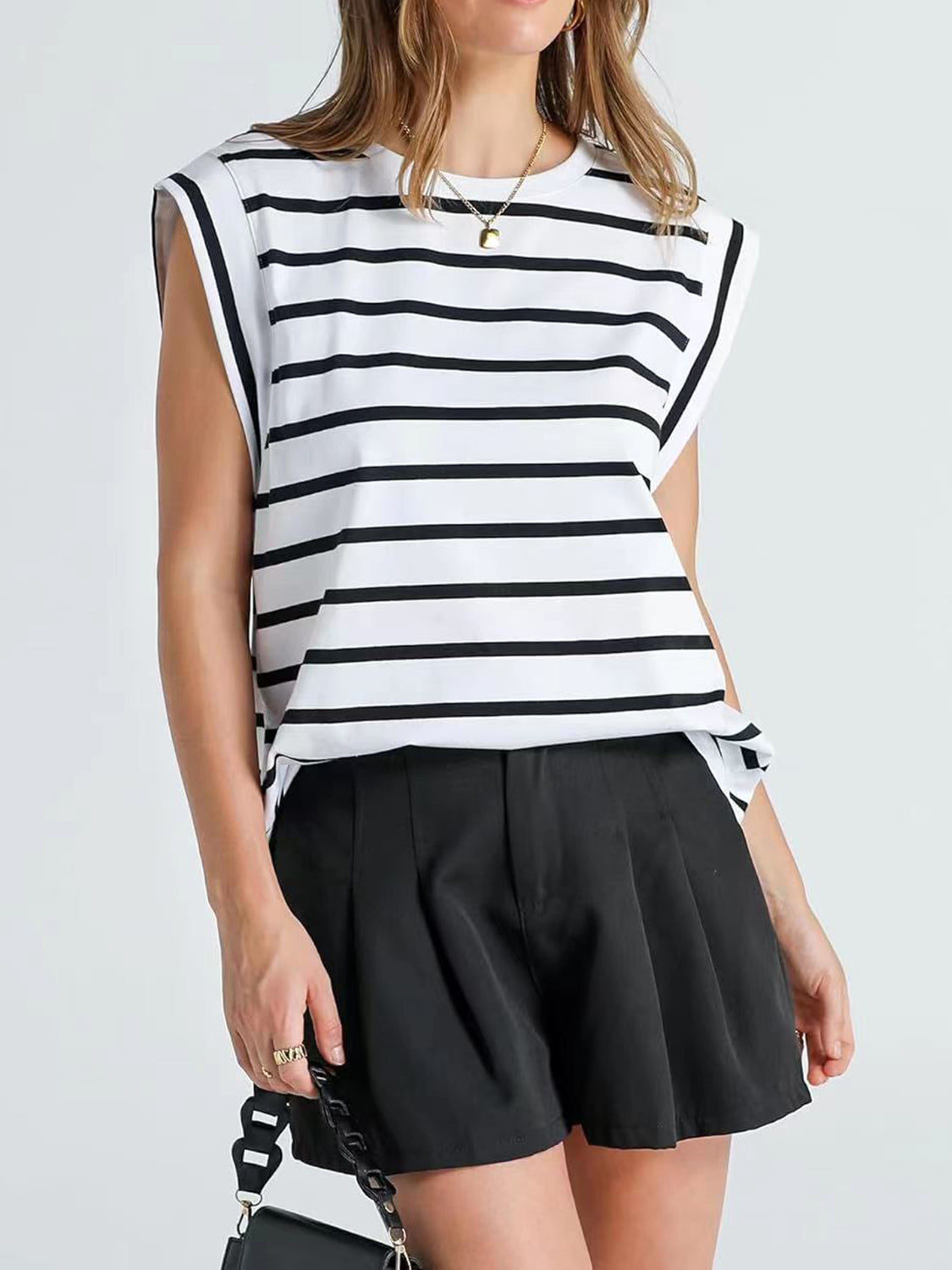 PREORDER- Striped Round Neck Cap Sleeve T-Shirt