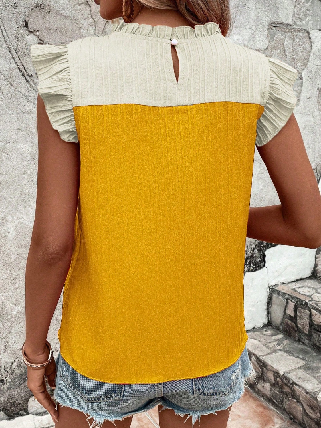 PREORDER- Frill Contrast Round Neck Cap Sleeve Blouse