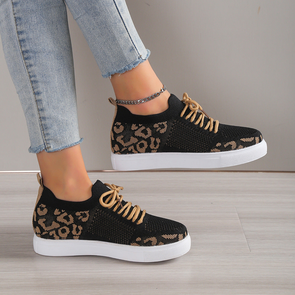 PREORDER- Lace-Up Leopard Flat Sneakers