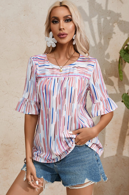 PREORDER- Printed Round Neck Flounce Sleeve Blouse