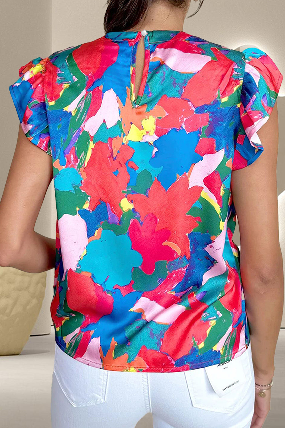 PREORDER- Ruffled Abstract Print Round Neck Cap Sleeve Blouse