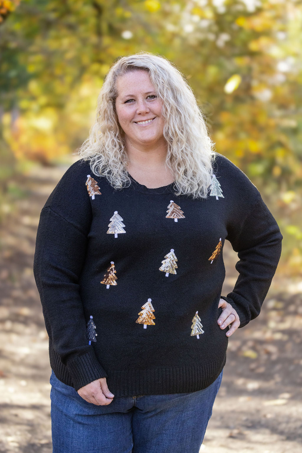 Michelle Mae Holly Jolly Sweater - Gold + Silver Trees