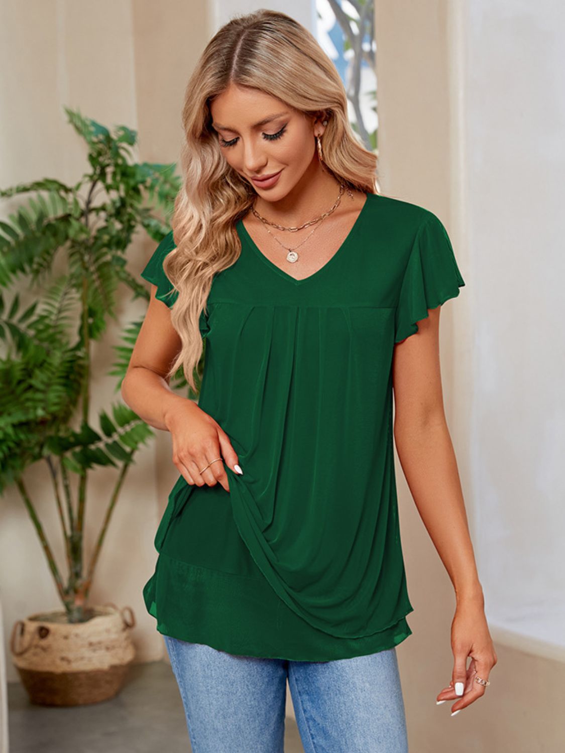 PREORDER- Ruched V-Neck Short Sleeve T-Shirt