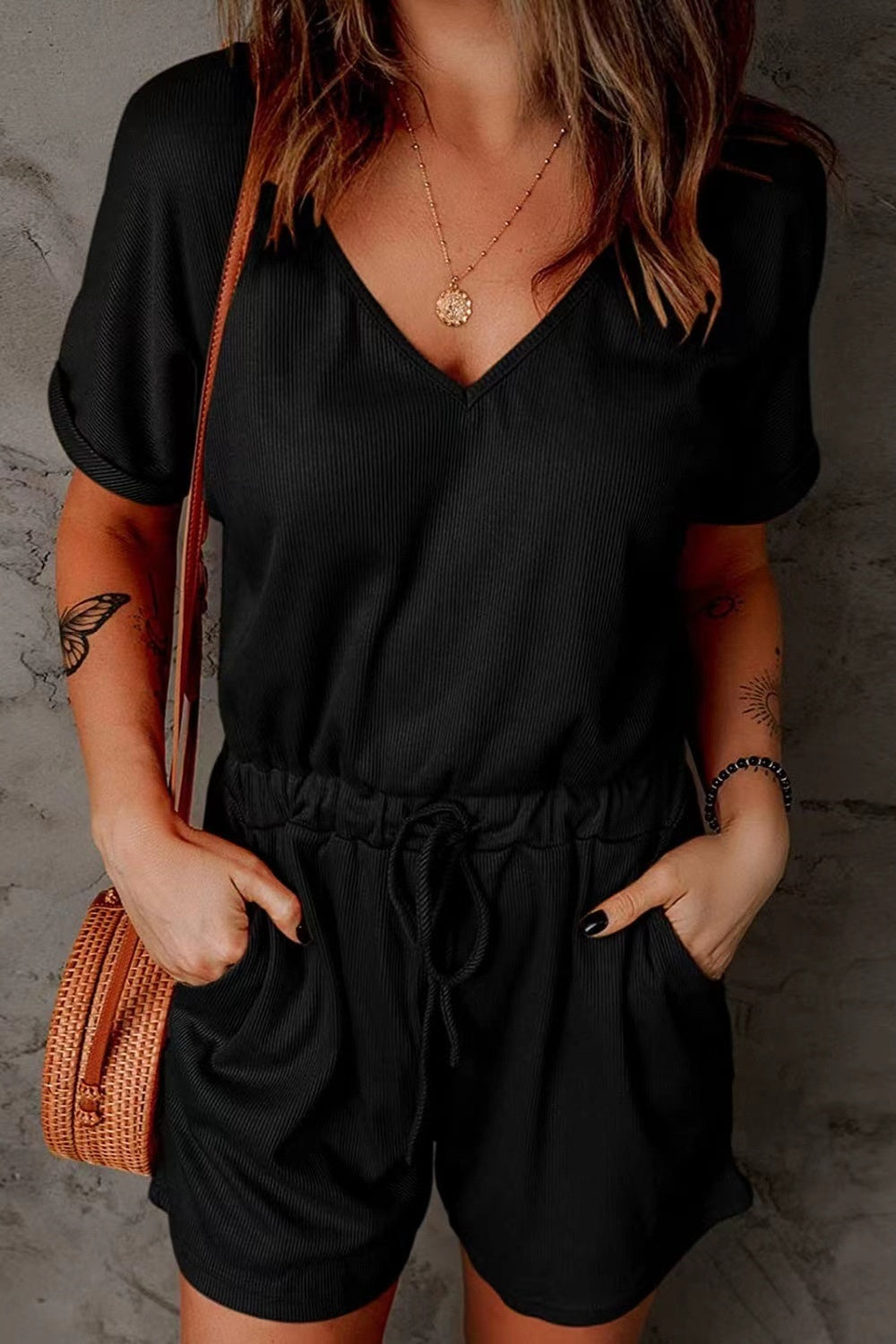 PREORDER- Full Size Drawstring V-Neck Short Sleeve Romper