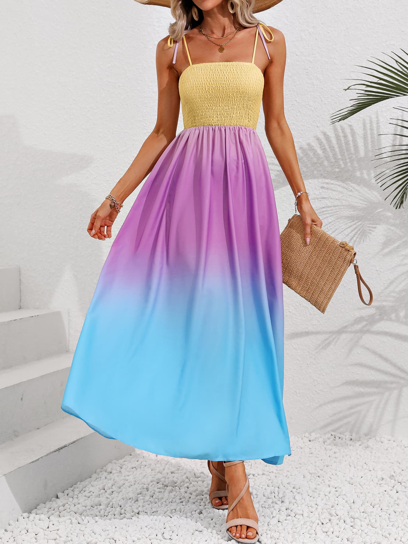 PREORDER- Color Block Tie Shoulder Smocked Maxi Dress