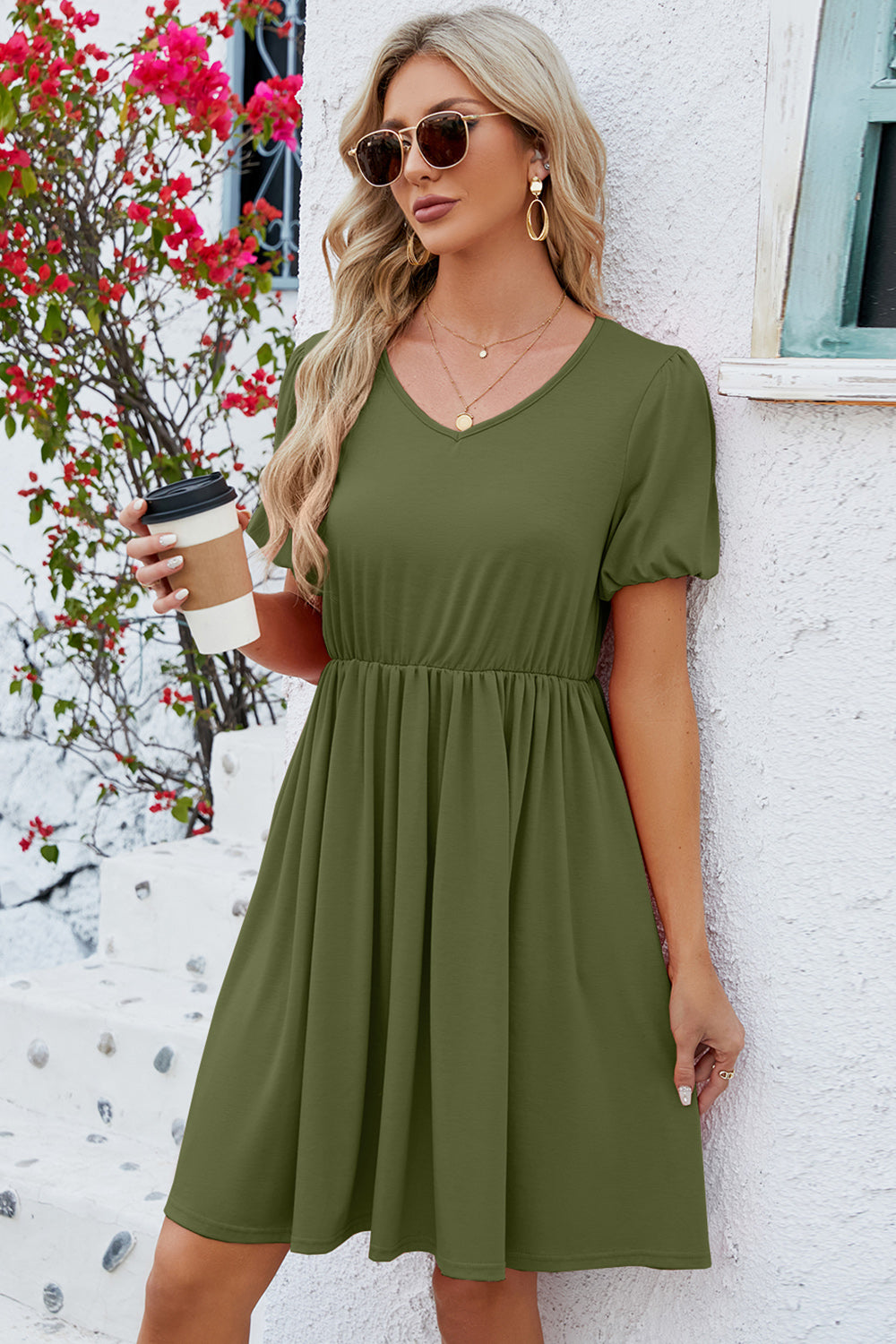 PREORDER- V-Neck Balloon Short Sleeve Dress