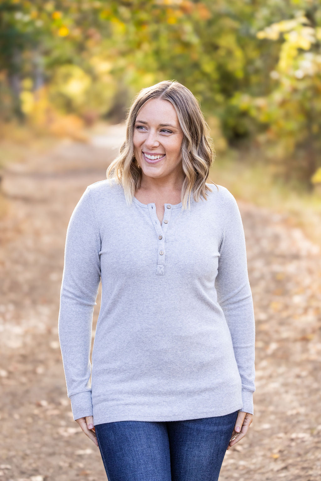 Michelle Mae Brielle Henley Ribbed Long Sleeve - Light Grey