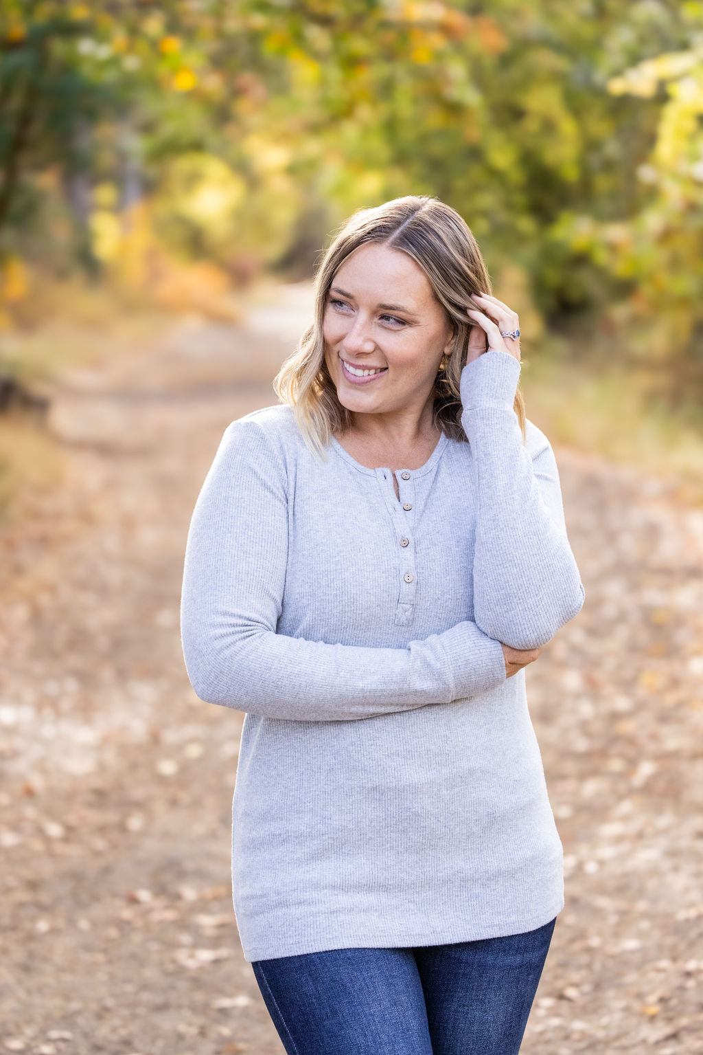 Michelle Mae Brielle Henley Ribbed Long Sleeve - Light Grey