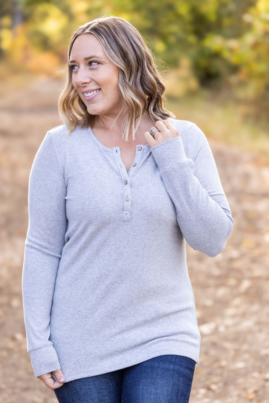 Michelle Mae Brielle Henley Ribbed Long Sleeve - Light Grey