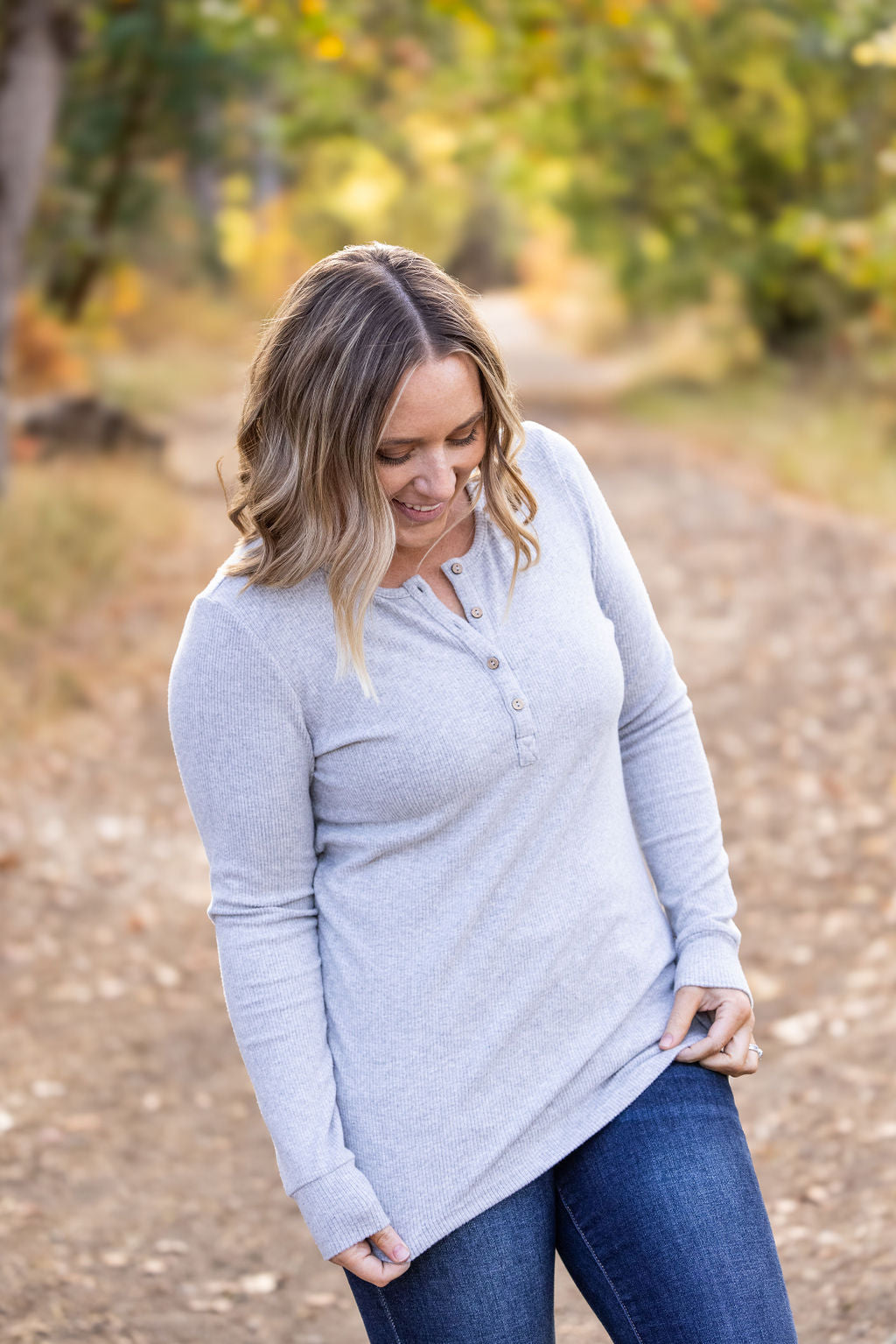 Michelle Mae Brielle Henley Ribbed Long Sleeve - Light Grey