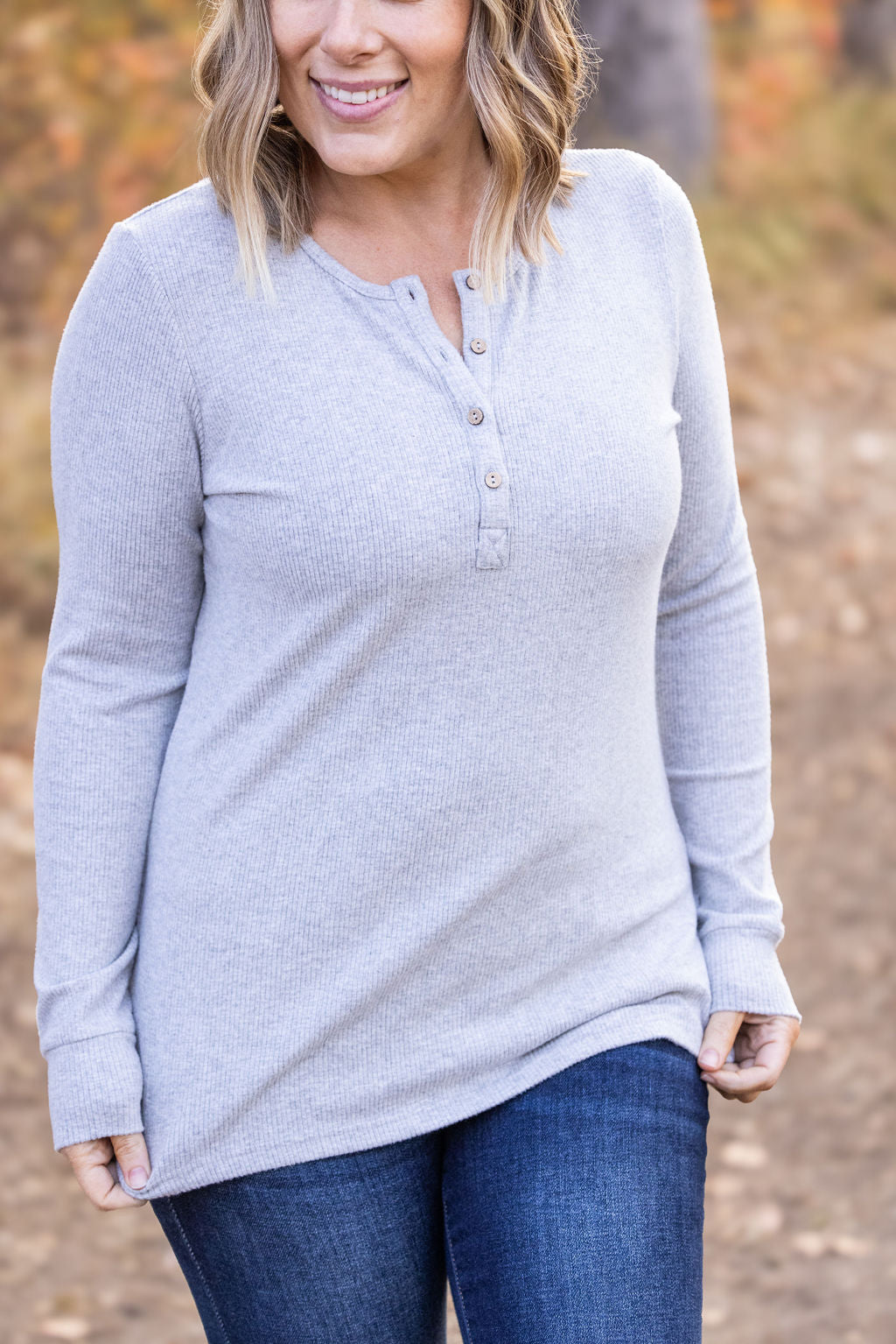 Michelle Mae Brielle Henley Ribbed Long Sleeve - Light Grey