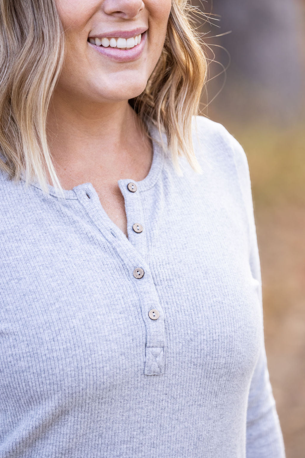 Michelle Mae Brielle Henley Ribbed Long Sleeve - Light Grey