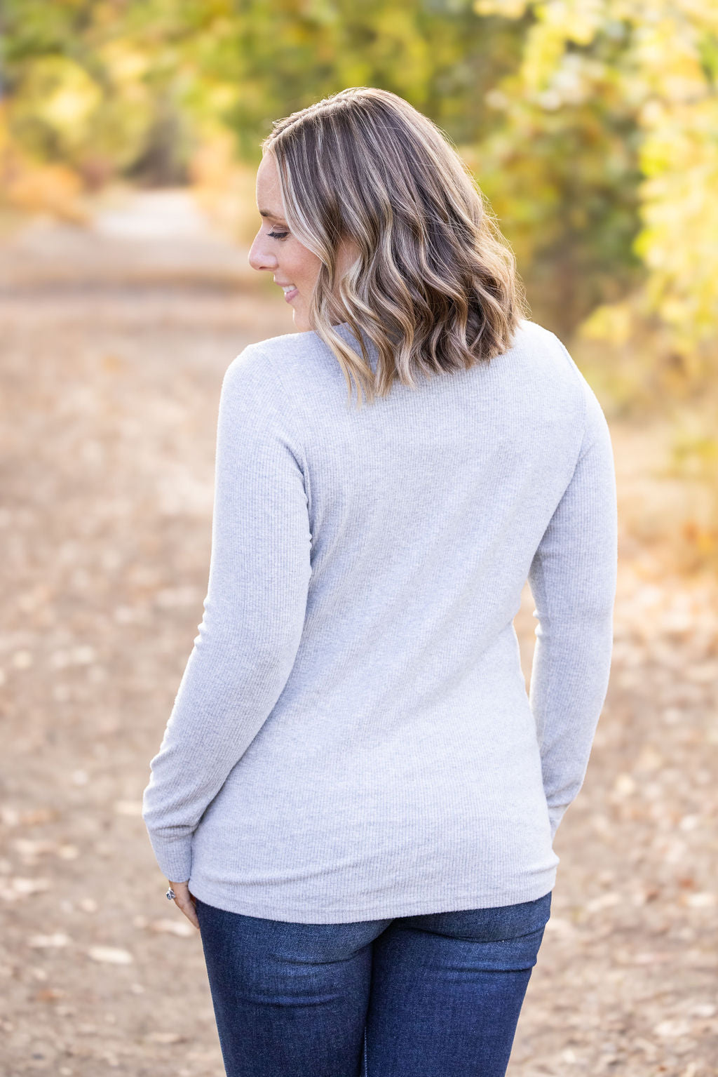 Michelle Mae Brielle Henley Ribbed Long Sleeve - Light Grey