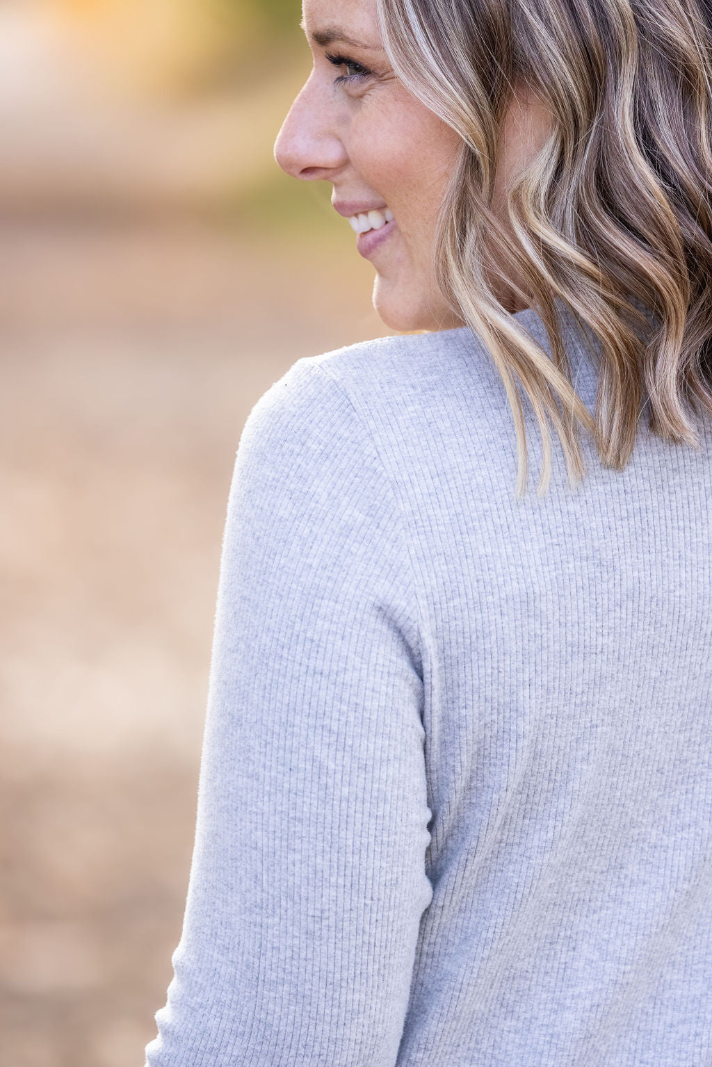 Michelle Mae Brielle Henley Ribbed Long Sleeve - Light Grey