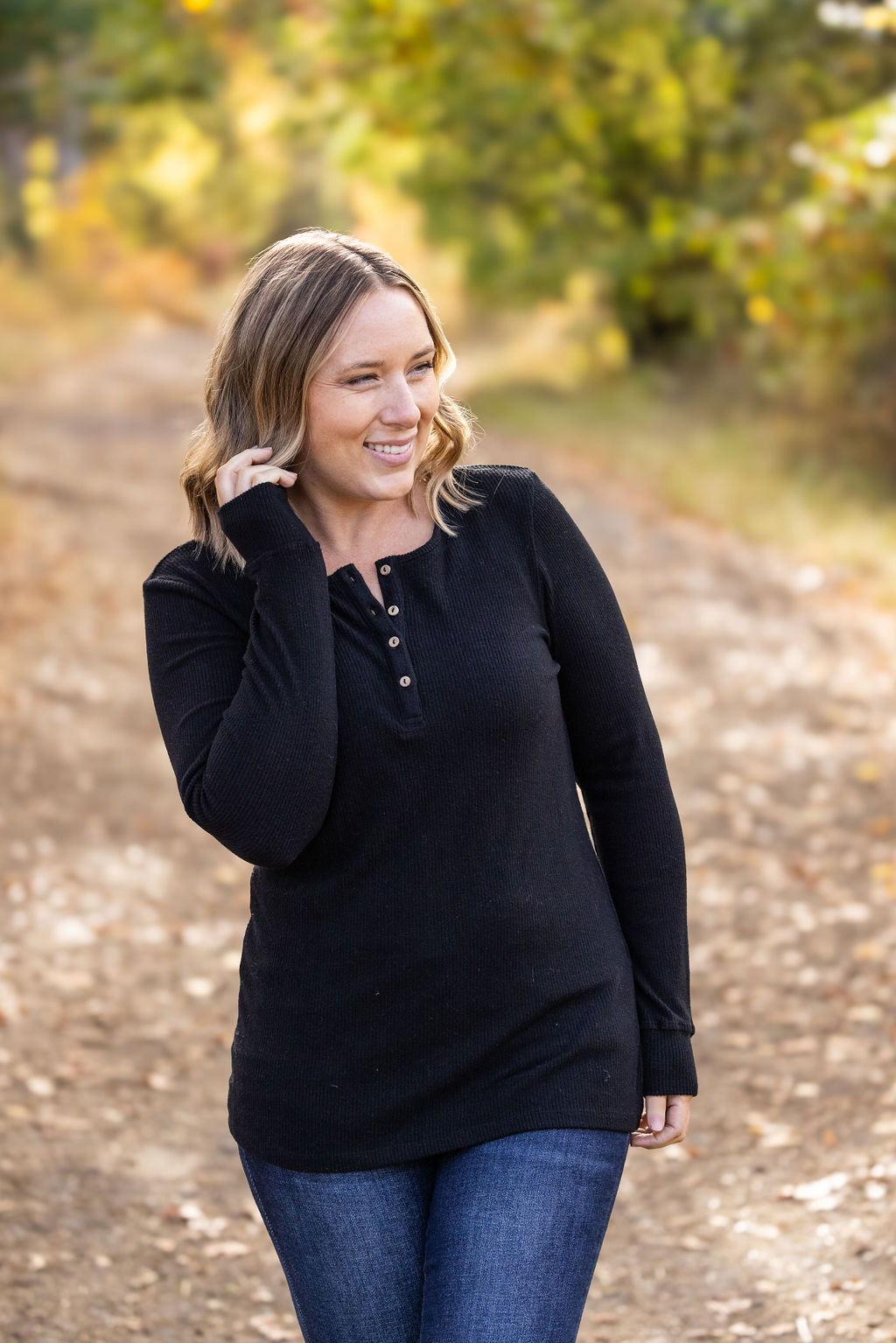 Michelle Mae Brielle Henley Ribbed Long Sleeve - Black