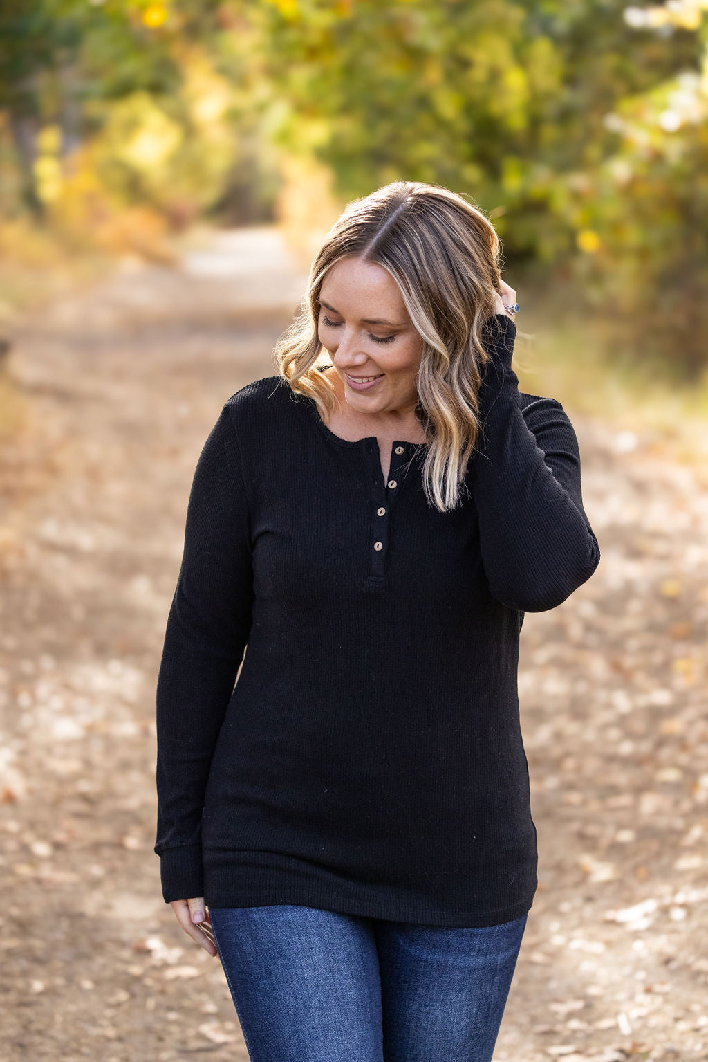 Michelle Mae Brielle Henley Ribbed Long Sleeve - Black