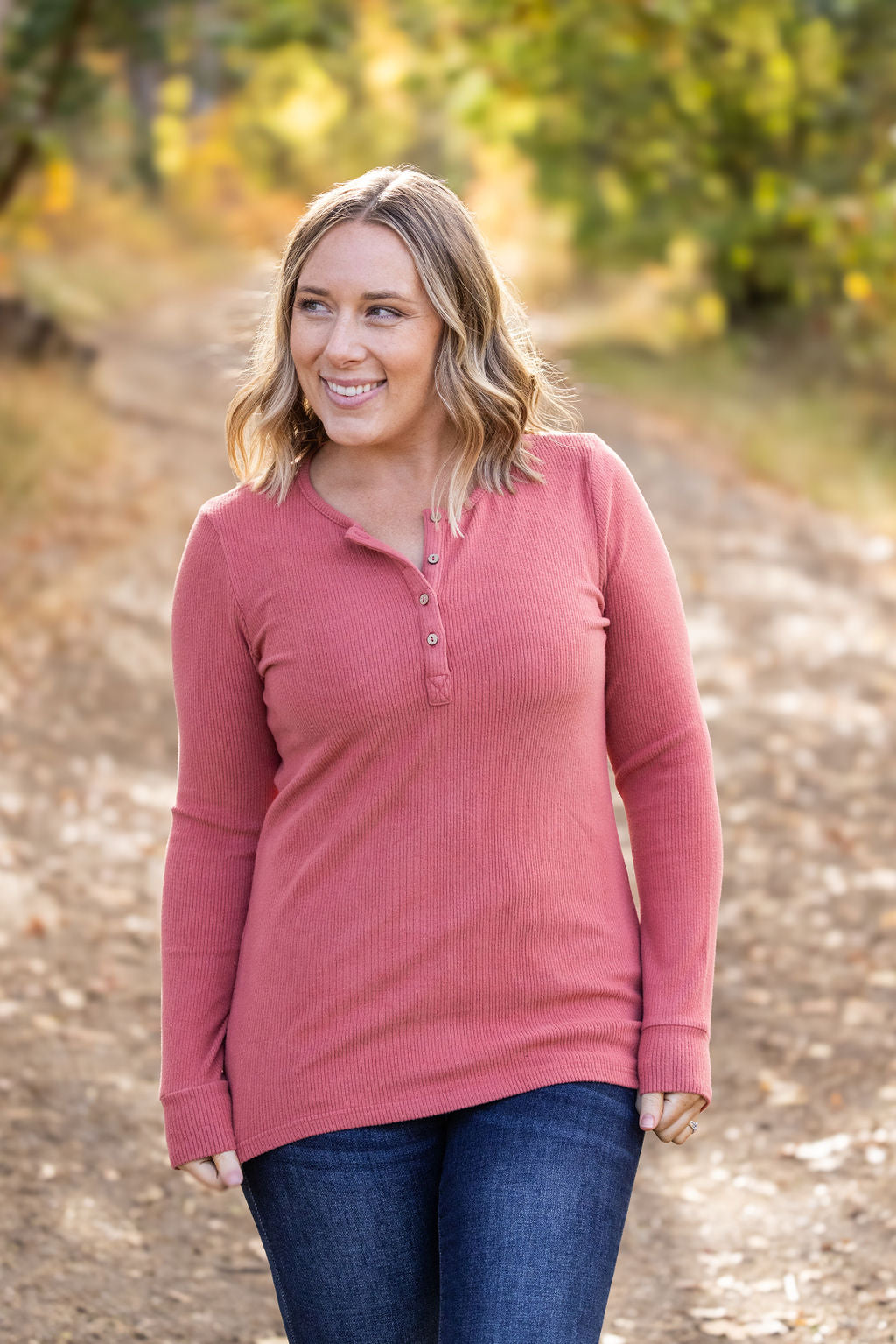 Michelle Mae Brielle Henley Ribbed Long Sleeve - Terra Cotta