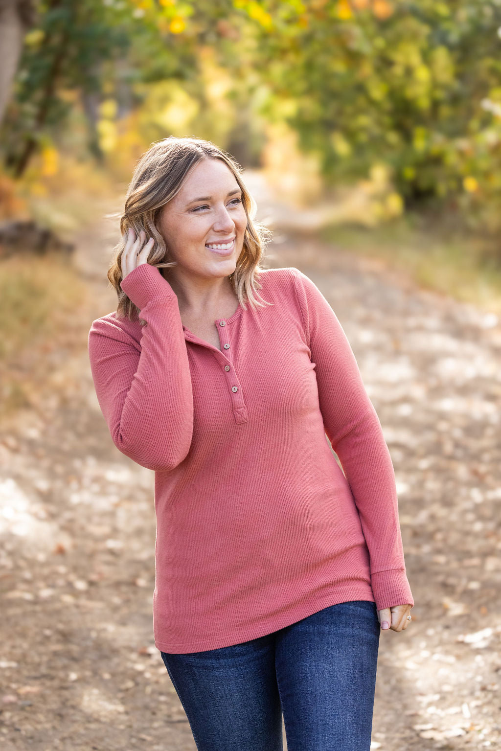 Michelle Mae Brielle Henley Ribbed Long Sleeve - Terra Cotta