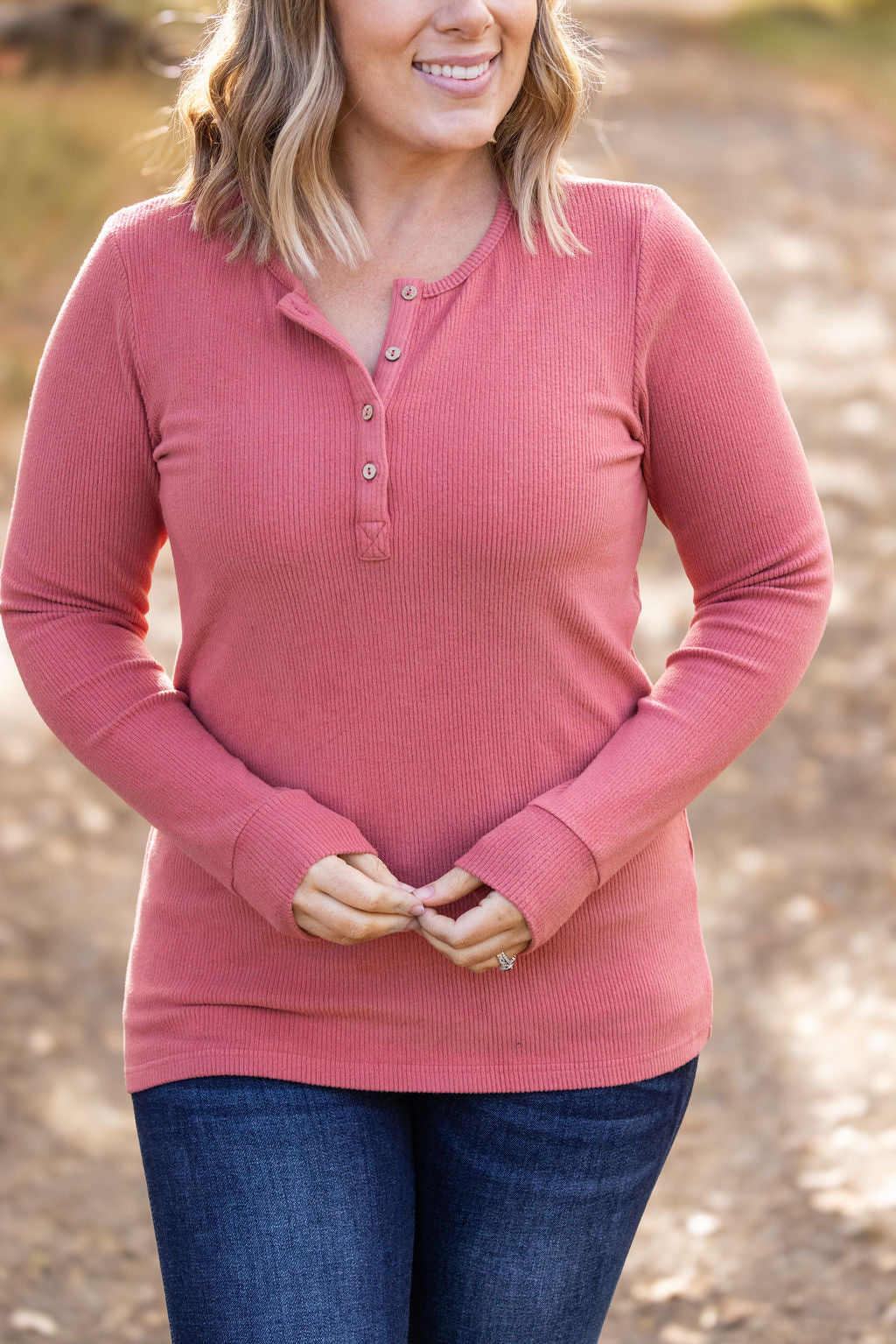 Michelle Mae Brielle Henley Ribbed Long Sleeve - Terra Cotta