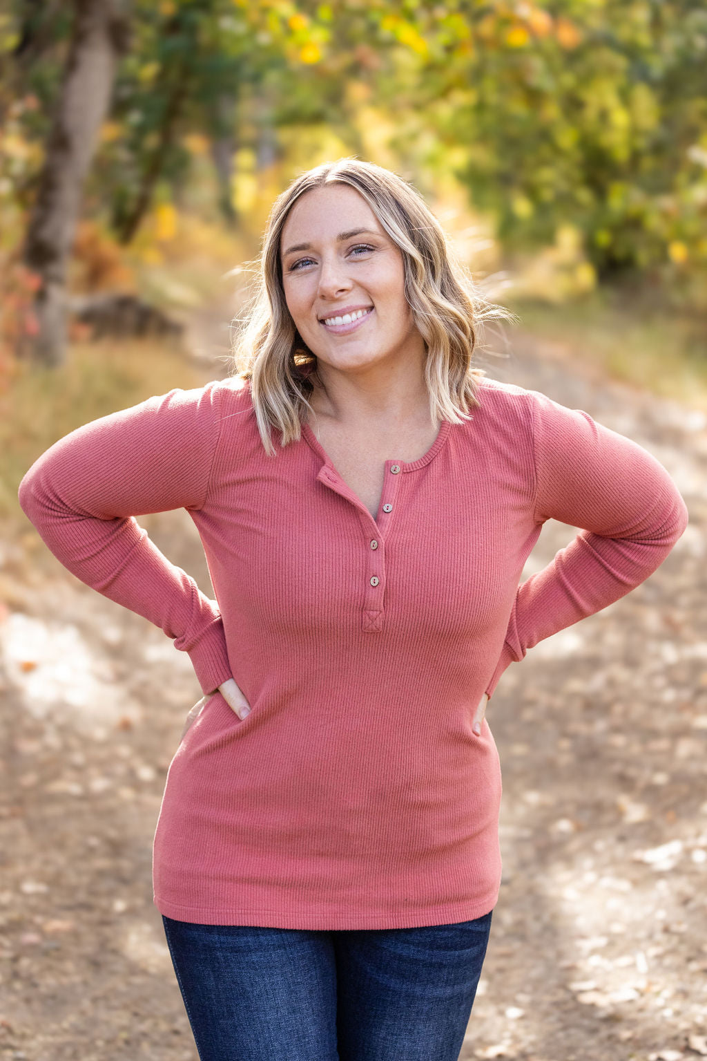 Michelle Mae Brielle Henley Ribbed Long Sleeve - Terra Cotta