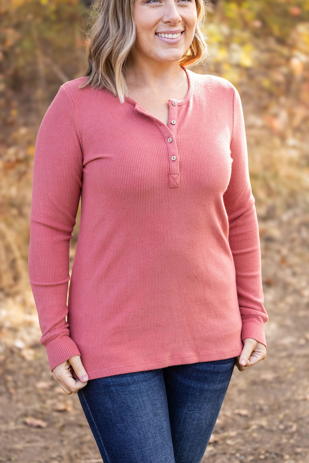 Michelle Mae Brielle Henley Ribbed Long Sleeve - Terra Cotta