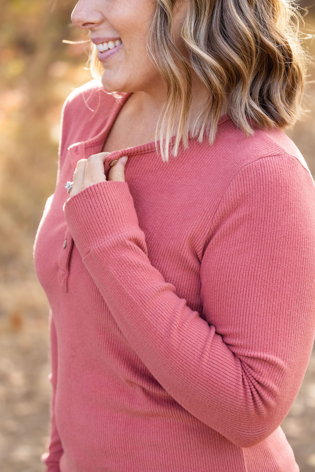 Michelle Mae Brielle Henley Ribbed Long Sleeve - Terra Cotta