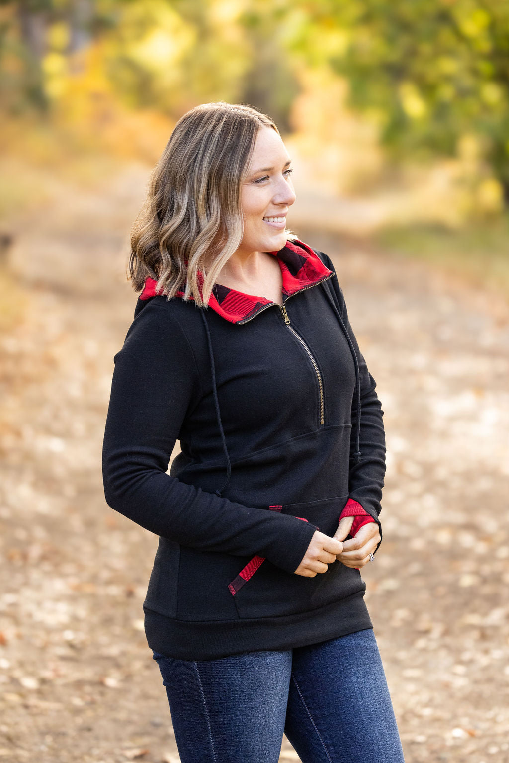 Michelle Mae Avery Accent HalfZip Hoodie - Buffalo Plaid