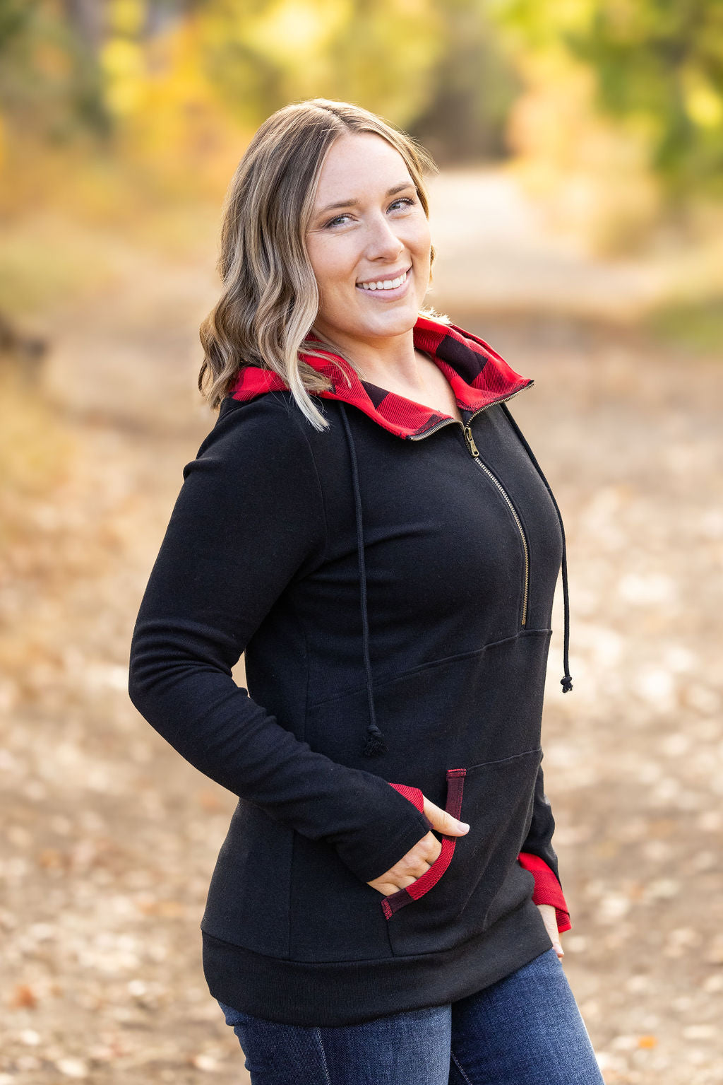 Michelle Mae Avery Accent HalfZip Hoodie - Buffalo Plaid