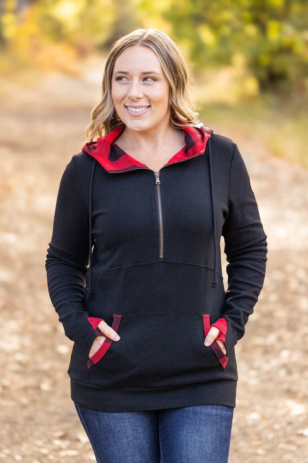 Michelle Mae Avery Accent HalfZip Hoodie - Buffalo Plaid