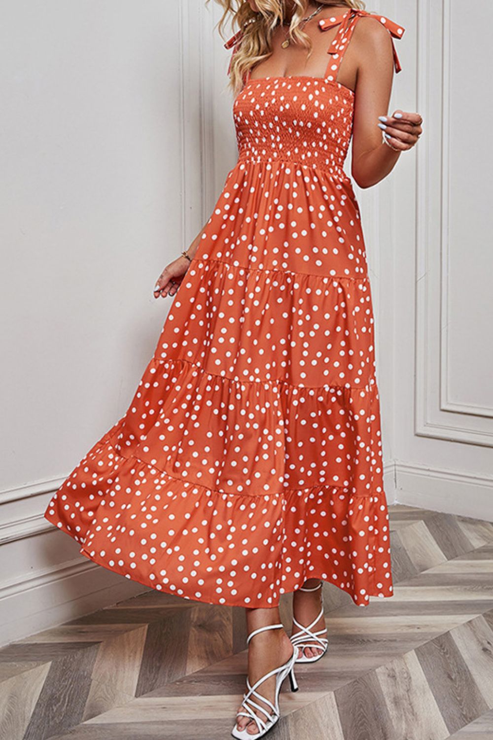 PREORDER- Polka Dot Smocked Tiered Sleeveless Dress