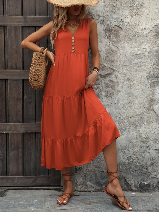 PREORDER- Decorative Button Notched Sleeveless Dress