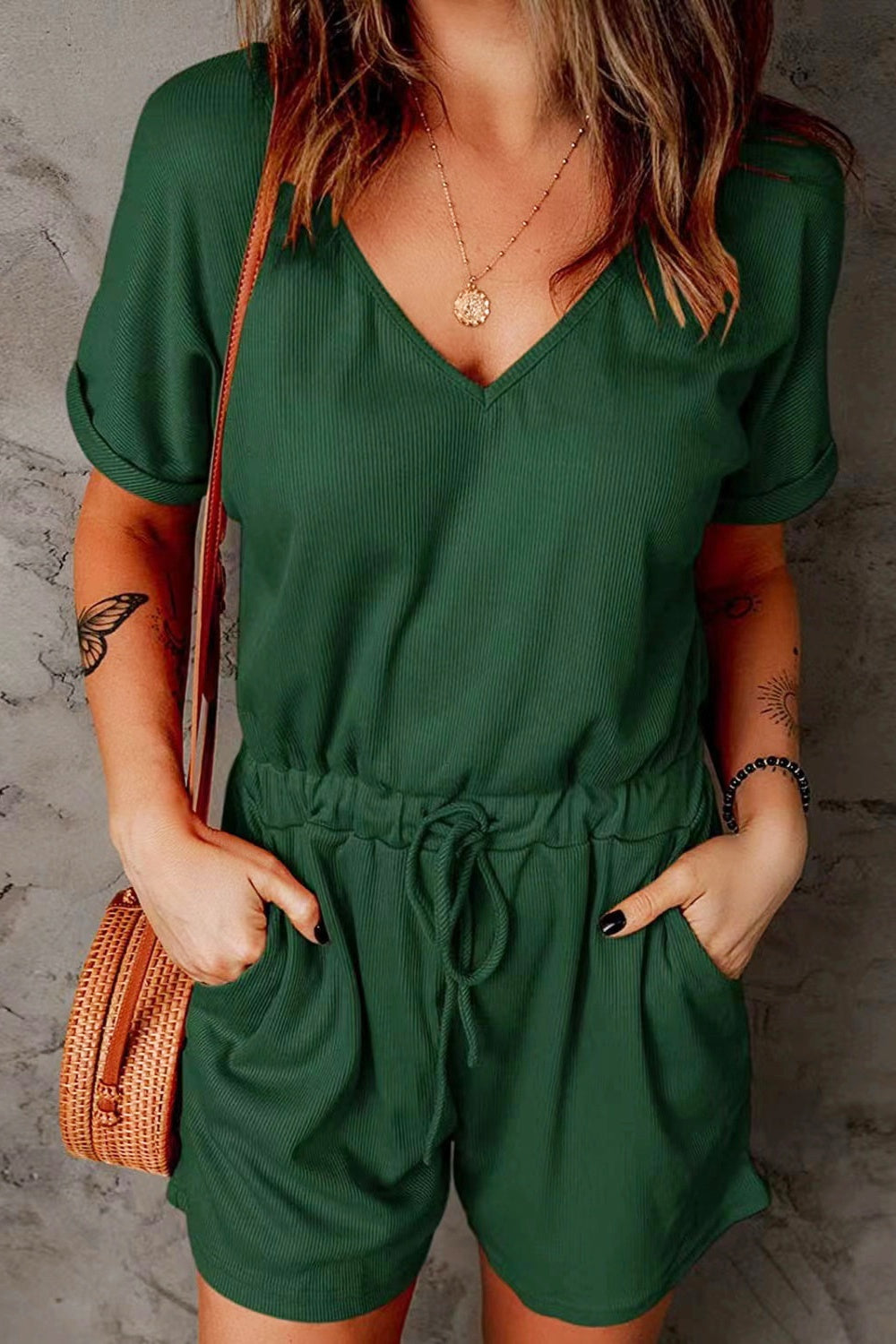 PREORDER- Full Size Drawstring V-Neck Short Sleeve Romper