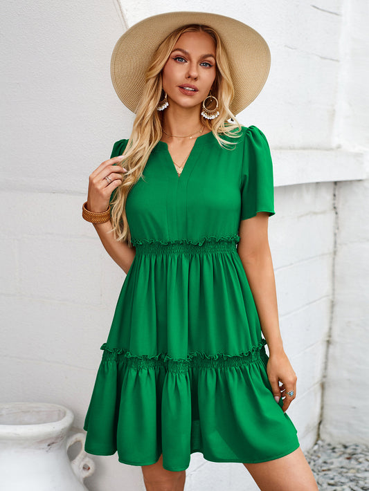 PREORDER- Frill Notched Short Sleeve Mini Dress
