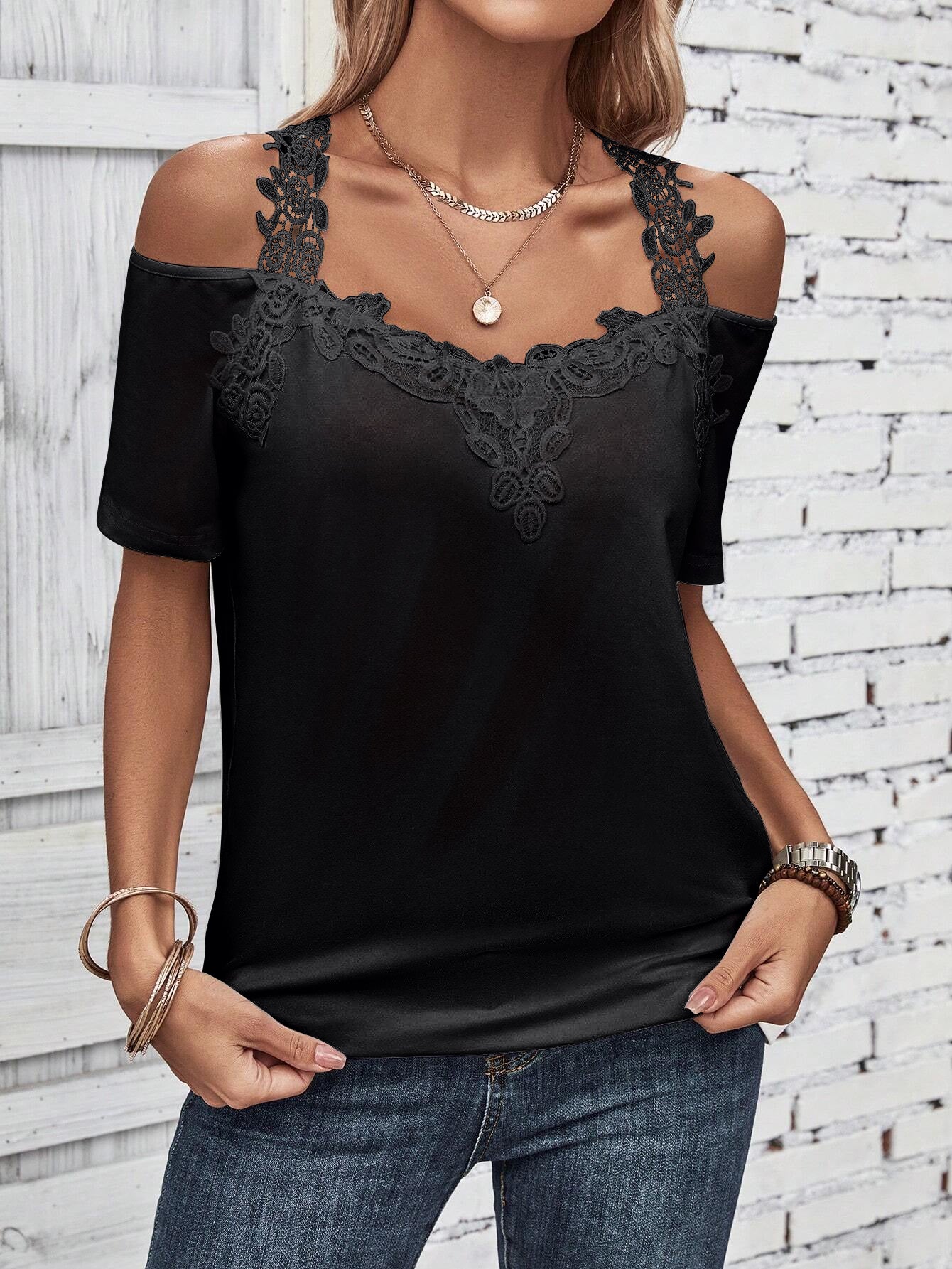 PREORDER- Full Size Lace Detail Short Sleeve T-Shirt