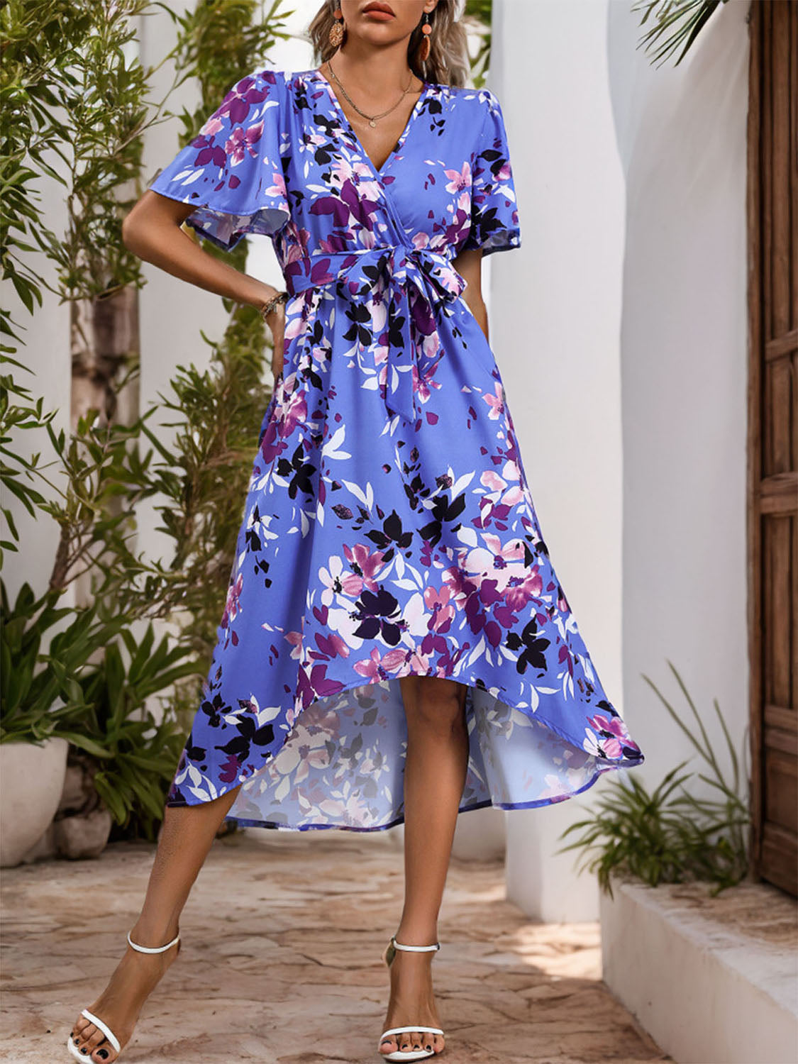 PREORDER- High-Low Printed Surplice Short Sleeve Midi Dress