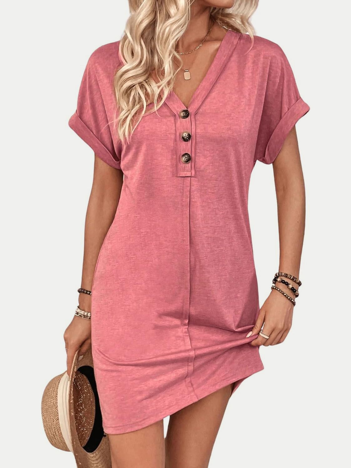 PREORDER- Quarter Button V-Neck Short Sleeve Dress