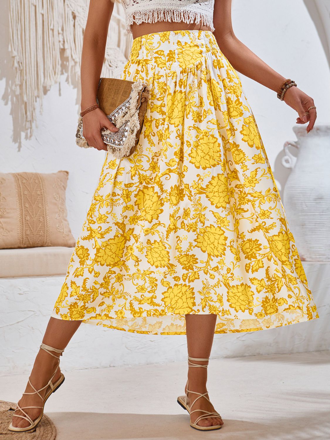 PREORDER- Printed Elastic Waist Midi Skirt