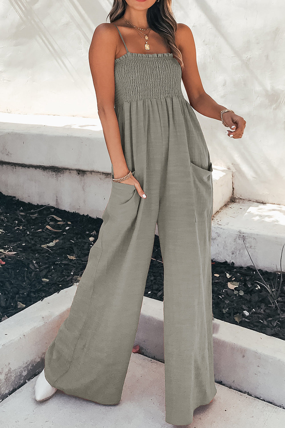 PREORDER- Smocked Spaghetti Strap Wide Leg Jumpsuit