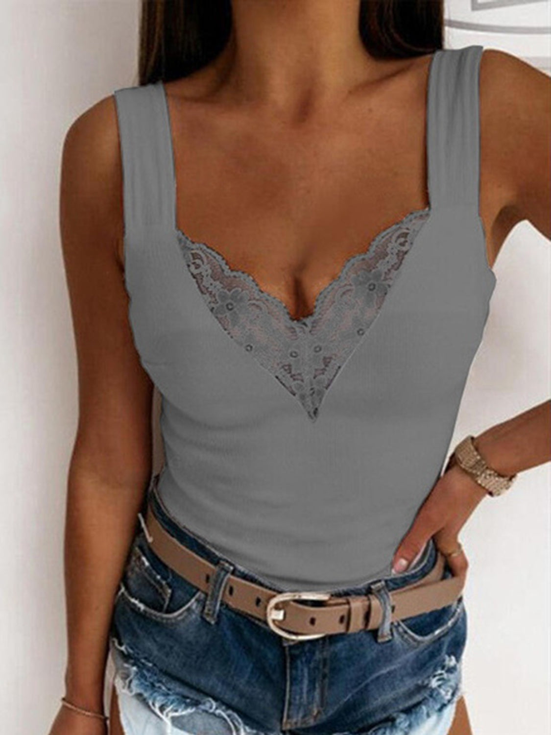 PREORDER- Full Size Lace Detail Sweetheart Neck Tank