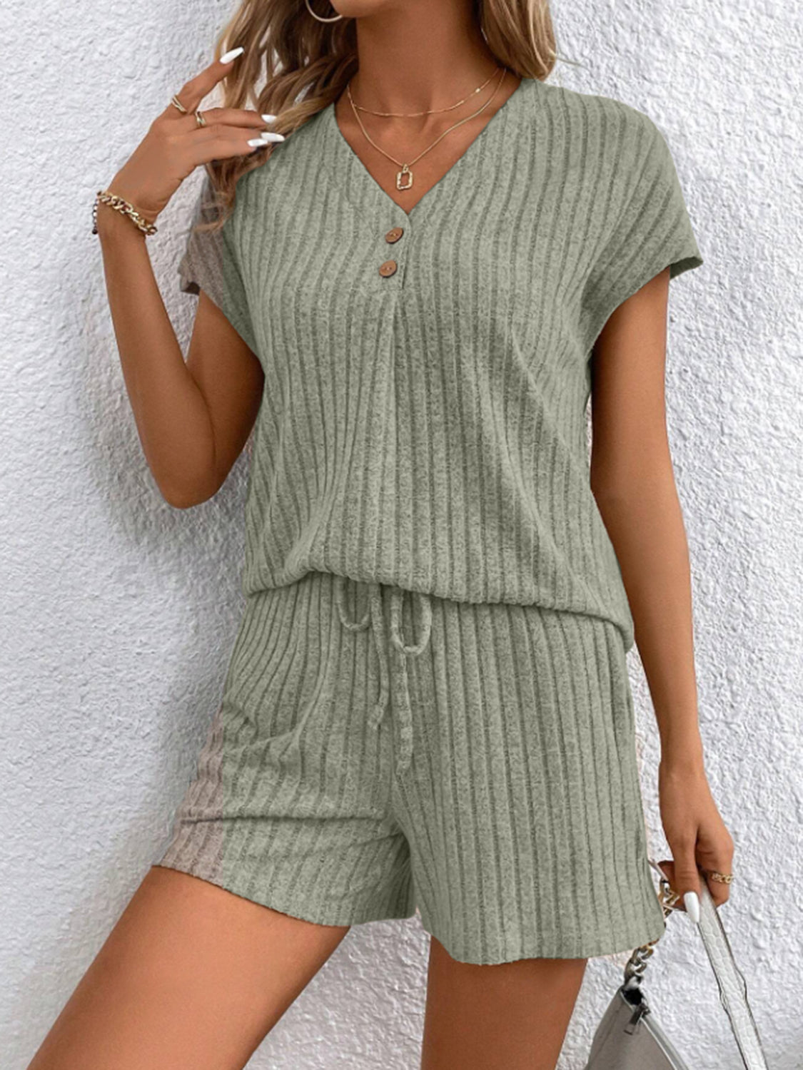 PREORDER- Ribbed V-Neck Top and Shorts Set