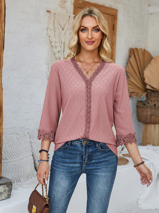 PREORDER- Lace Detail V-Neck Three-Quarter Sleeve Blouse