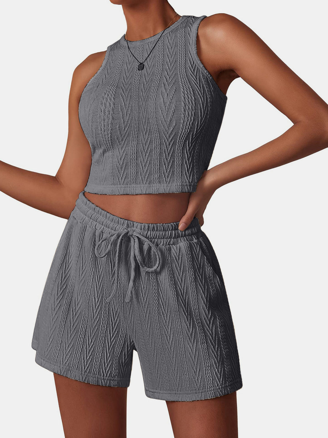 PREORDER- Textured Round Neck Top and Shorts Set