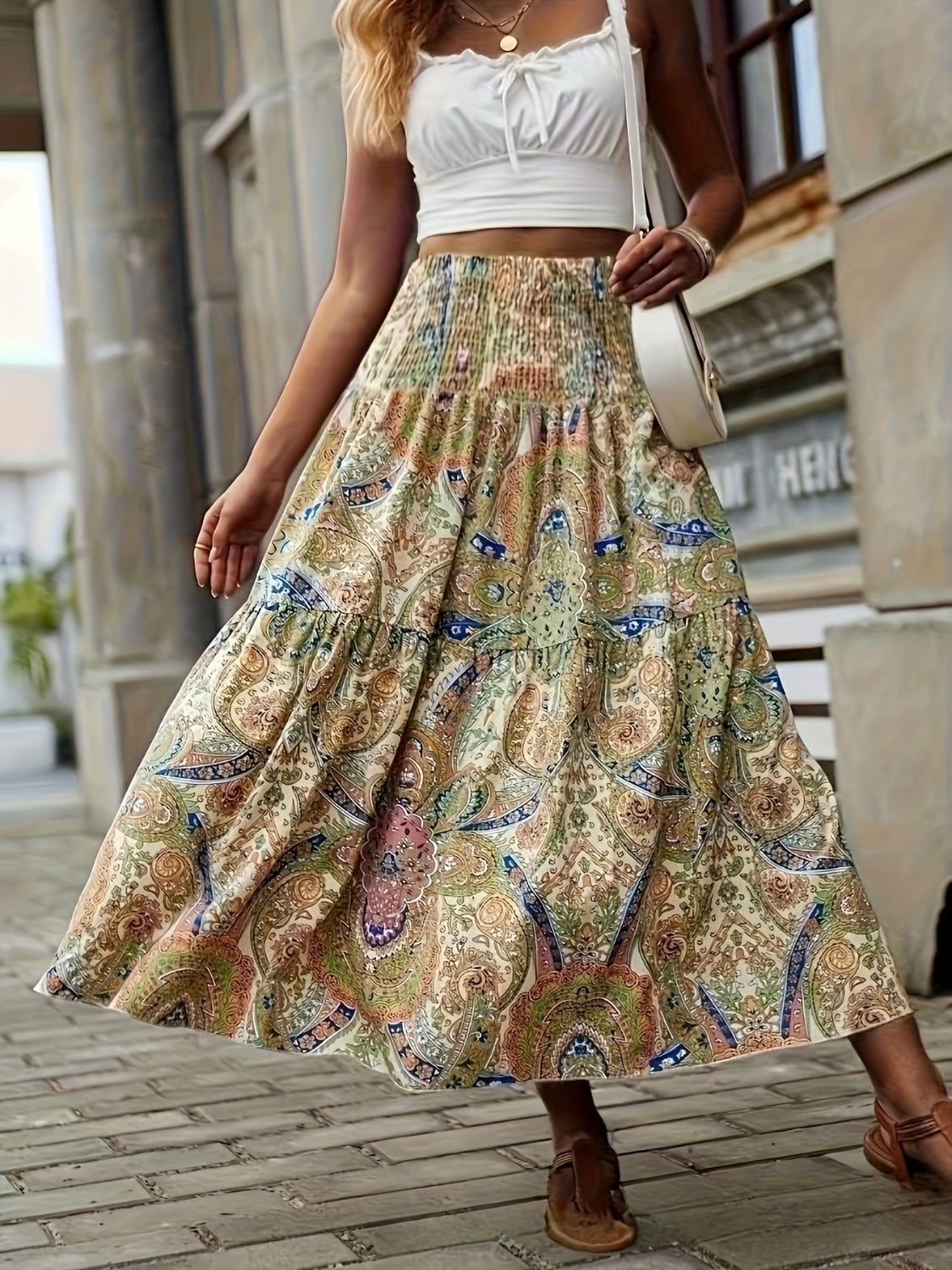 PREORDER- Full Size Tiered Smocked Printed High Waist Skirt