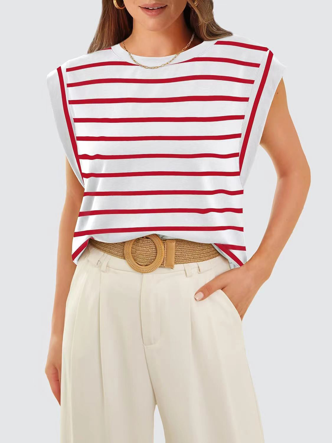 PREORDER- Striped Round Neck Cap Sleeve T-Shirt