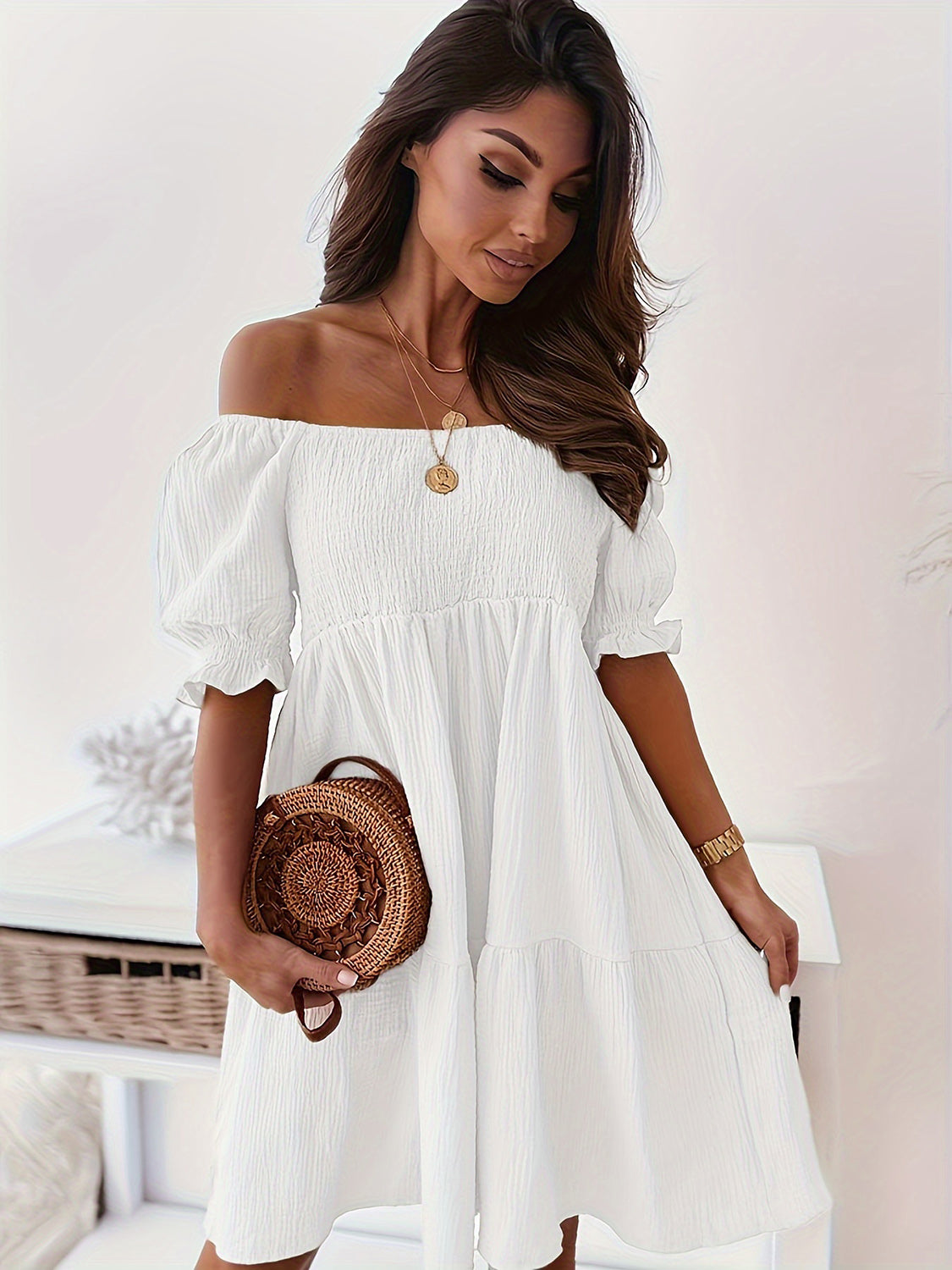 PREORDER- Full Size Ruffled Off-Shoulder Short Sleeve Dress