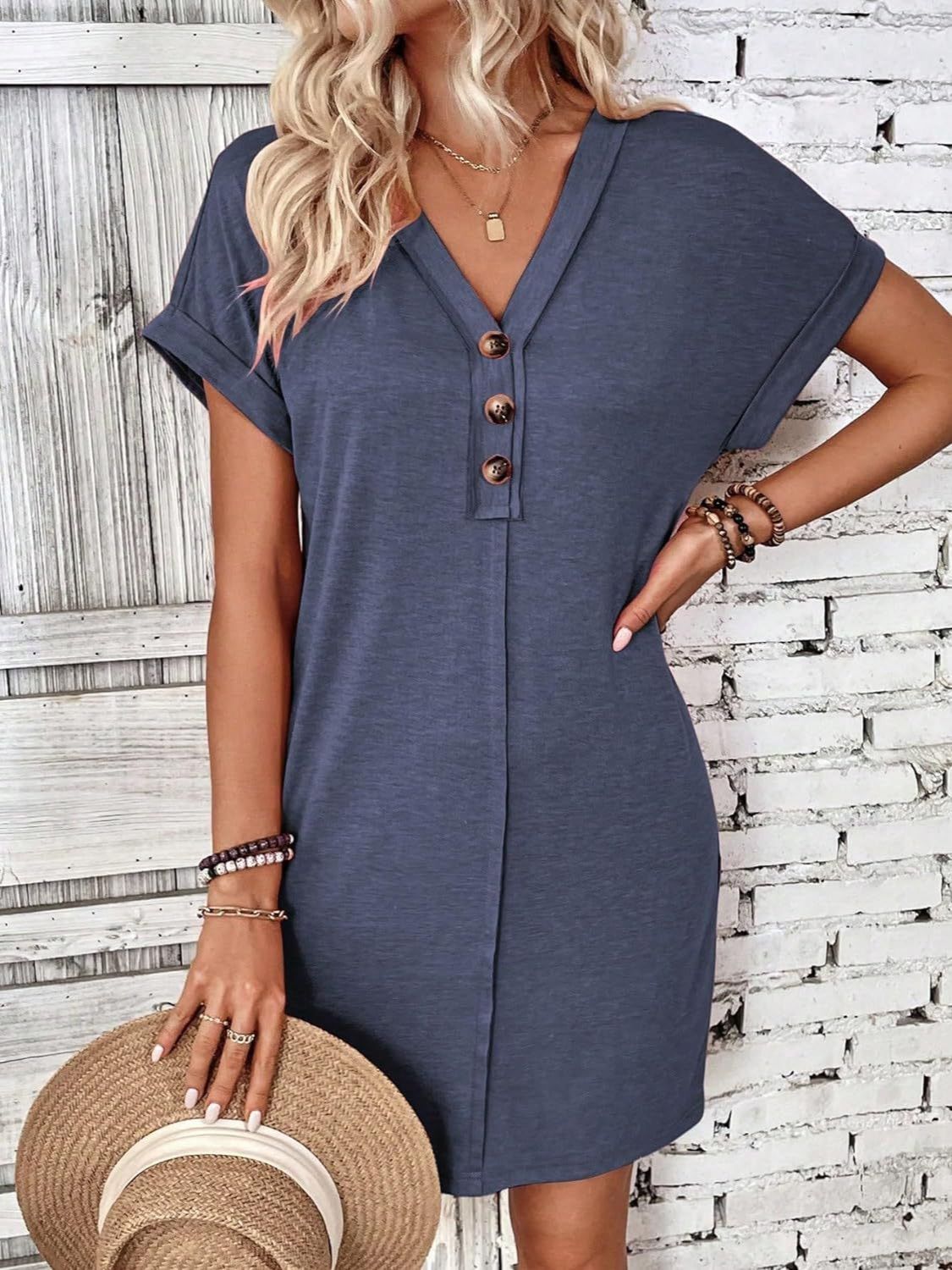 PREORDER- Quarter Button V-Neck Short Sleeve Dress