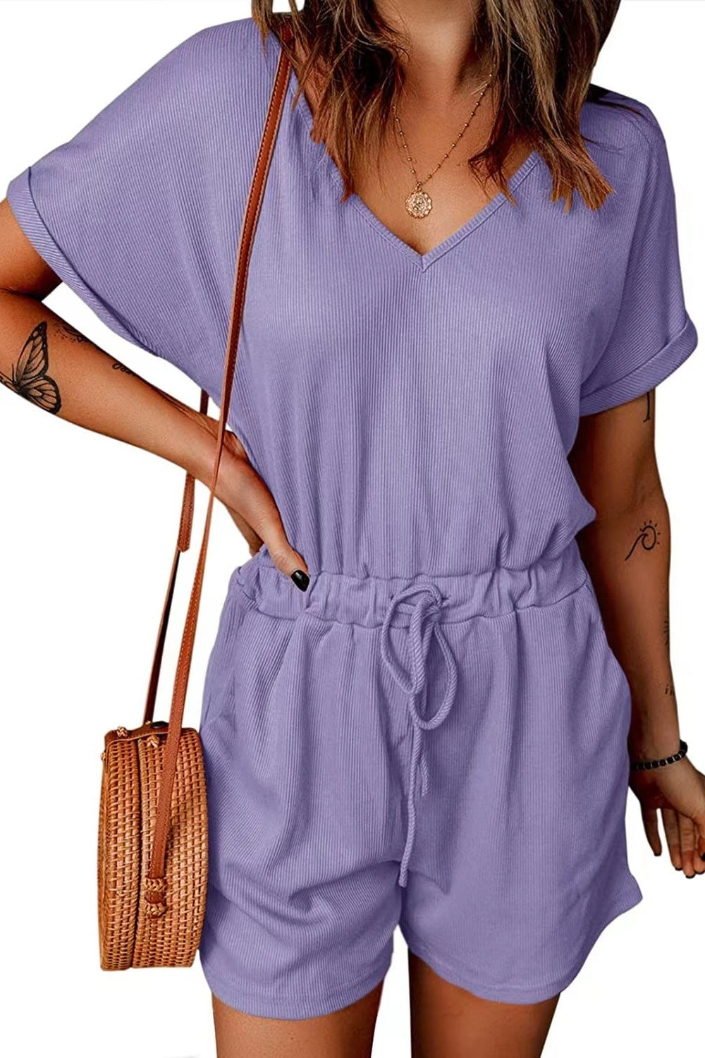 PREORDER- Full Size Drawstring V-Neck Short Sleeve Romper