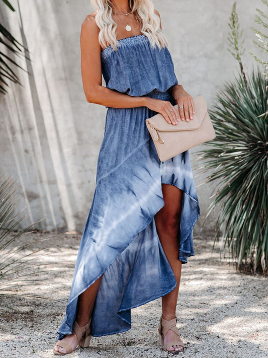 PREORDER- Smocked High-Low Tube Denim Dress