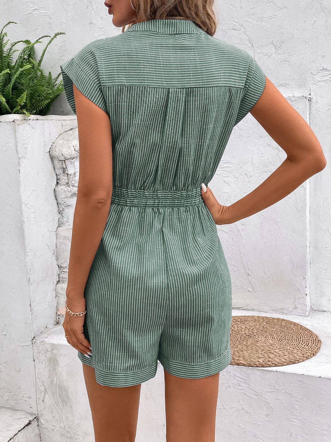 PREORDER- Striped Notched Tie Waist Romper