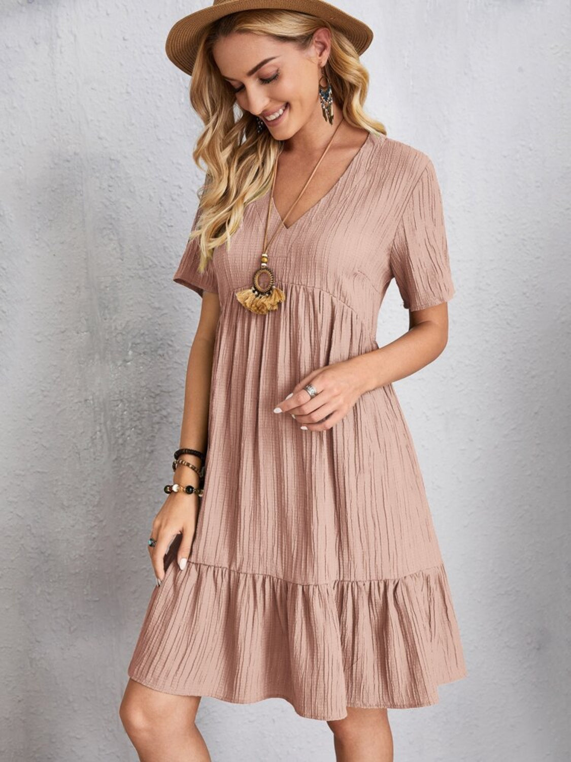 PREORDER- Full Size V-Neck Short Sleeve Dress